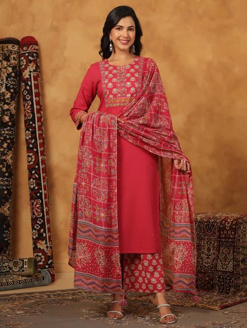 women printed three quarter sleeve kurta palazzo with dupatta set - 22057881 - Very Small Image - 1