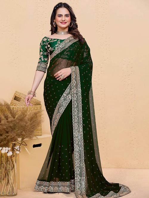 women solid with work embellished saree with blouse - 22059766 - Very Small Image - 1