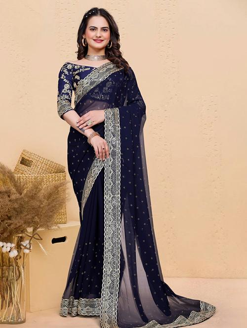 women solid with work embellished saree with blouse - 22059769 - Very Small Image - 1
