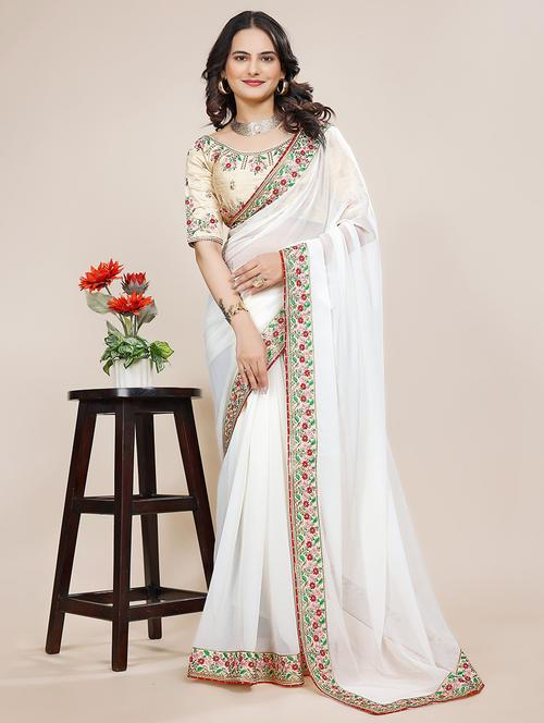 women solid with bordered saree with blouse - 22059785 - Very Small Image - 1