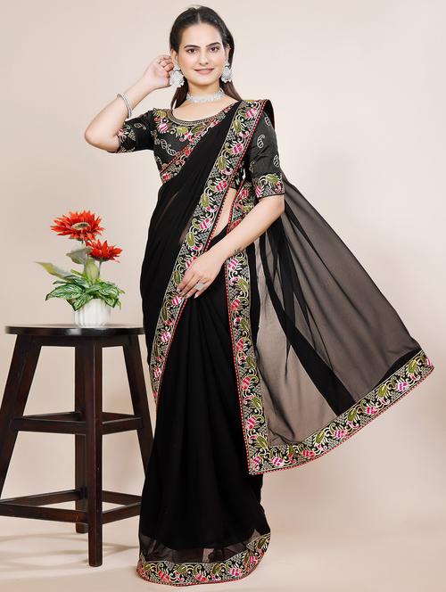 women solid with bordered saree with blouse - 22059890 - Very Small Image - 1