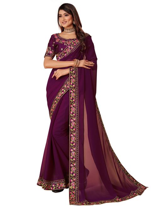 women solid with bordered saree with blouse - 22059939 - Very Small Image - 1