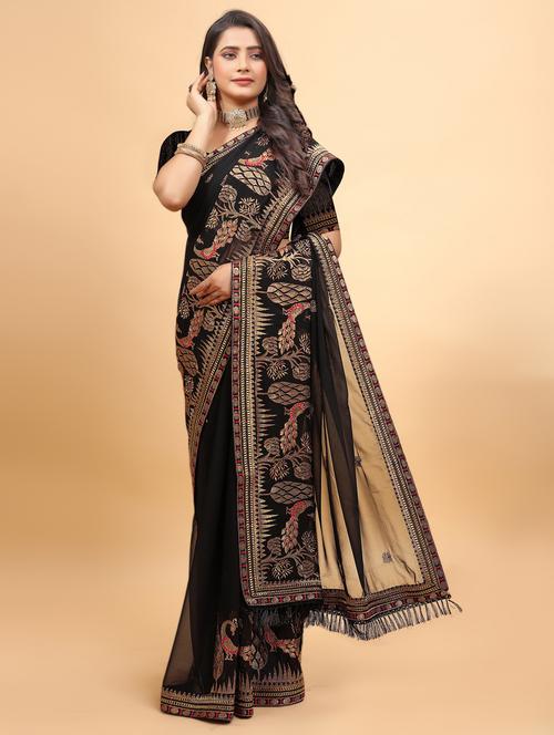 women solid with work embroidered saree with blouse - 22060066 - Very Small Image - 1