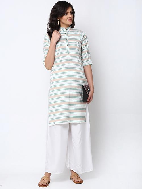 women striped three quarter sleeve straight kurta - 22061680 - Very Small Image - 1