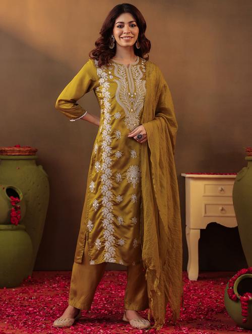 olive silk kurta pant set - 22062041 - Very Small Image - 1