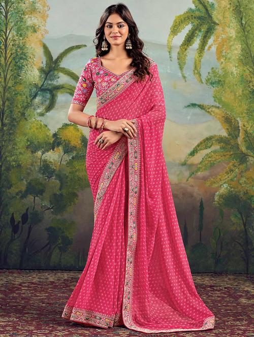 women bandhani printed bordered saree with blouse - 22066050 - Very Small Image - 1