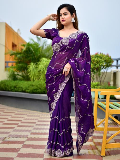 women solid with work embroidered saree with blouse - 22066089 - Very Small Image - 1