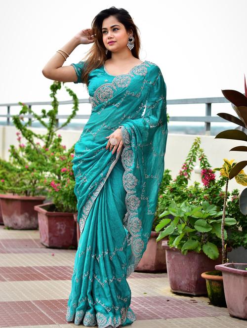 women solid with work embroidered saree with blouse - 22066091 - Very Small Image - 1