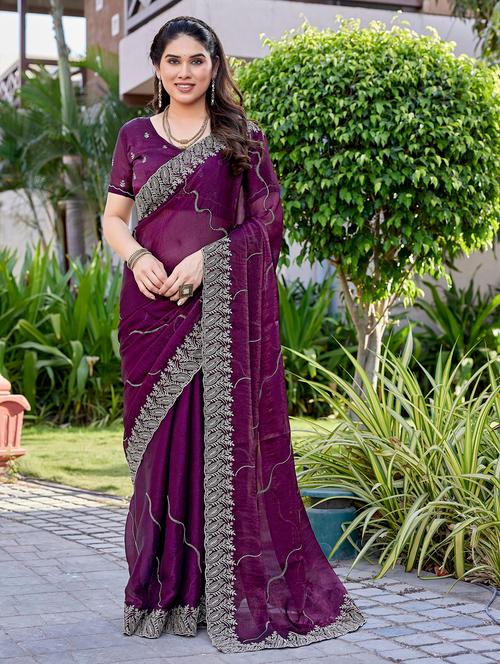 women solid with work embroidered saree with blouse - 22066136 - Very Small Image - 1