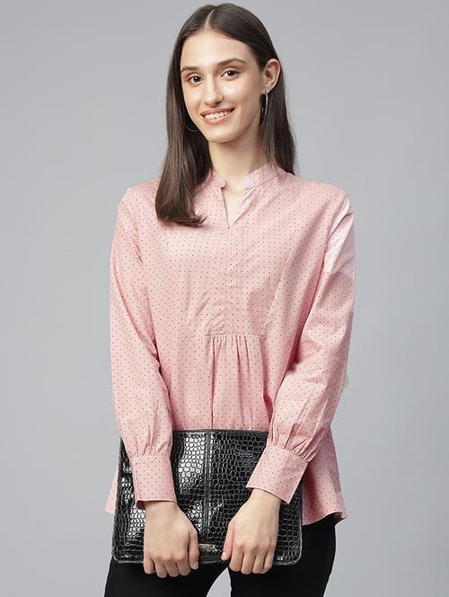 women polka doted mandarin neck long sleeve top - 22069609 - Very Small Image - 1