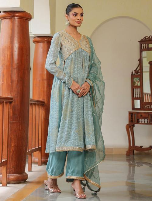 blue chiffon kurta pant set - 22071543 - Very Small Image - 1