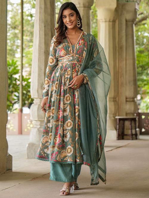 women long sleeve anarkali kurta pant with dupatta set - 22071553 - Very Small Image - 1