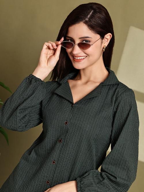 women printed lapel neck puff sleeve long shirt - 22072063 - Very Small Image - 1