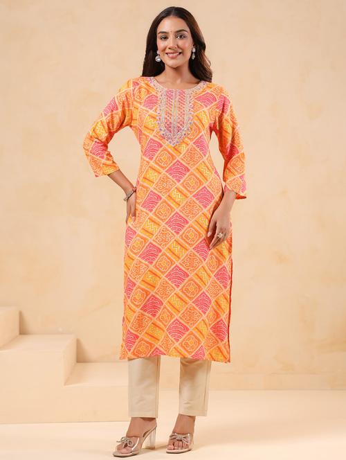 women printed three quarter sleeve straight kurta - 22076880 - Very Small Image - 1