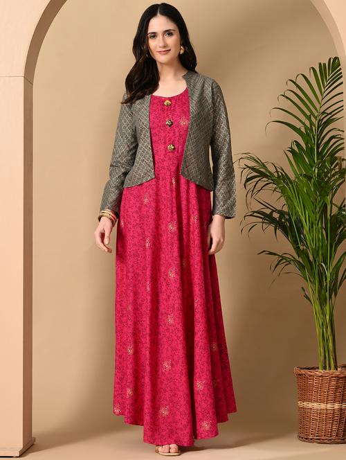 women printed long sleeve kurta with jacket ethnic dress - 22079791 - Very Small Image - 1