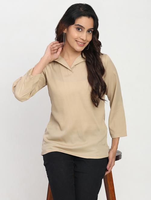 women solid three quarter sleeve collaerd shirt top - 22083551 - Very Small Image - 1