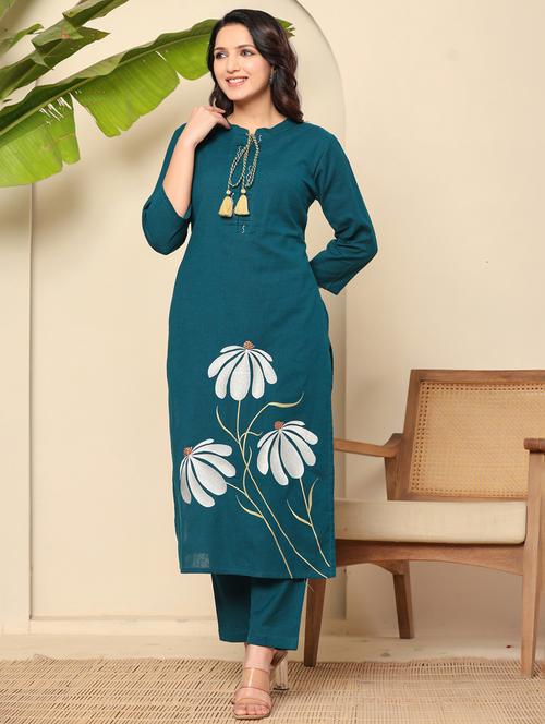 women floral three quarter sleeve kurta pant set - 22140256 - Very Small Image - 1