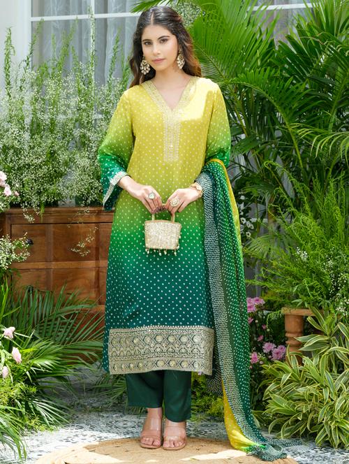 women bandhani long sleeve kurta pant with dupatta set - 22141641 - Very Small Image - 1