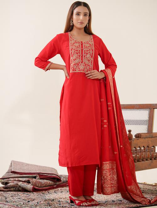 women embroidered three quarter sleeve kurta pant with dupatta set - 22141658 - Very Small Image - 1