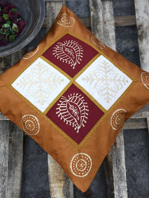 deep mustard cushion cover with gold zari work - 32033 - Very Small Image - 1