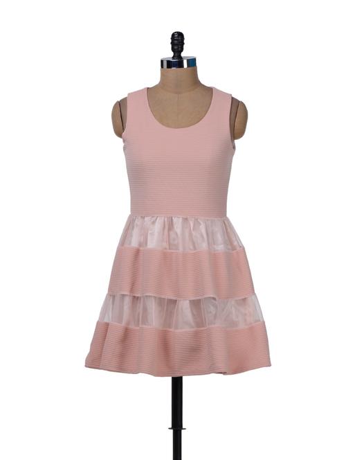 pretty peach polyster & net dress - 32062 - Very Small Image - 1