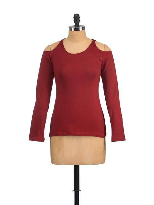 maroon full sleeved top with cut out shoulders - 34403 - Very Small Image - 1