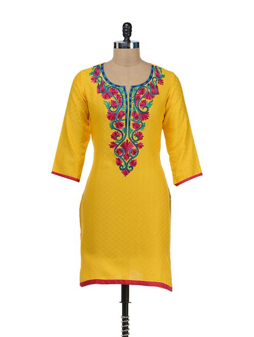 elegant yellow embroidered kurta - 36608 - Very Small Image - 1