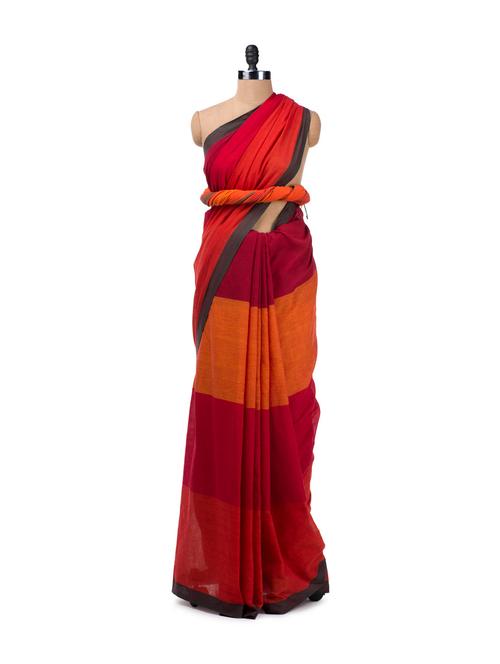 colour block cotton handloom saree - 4492 - Very Small Image - 1