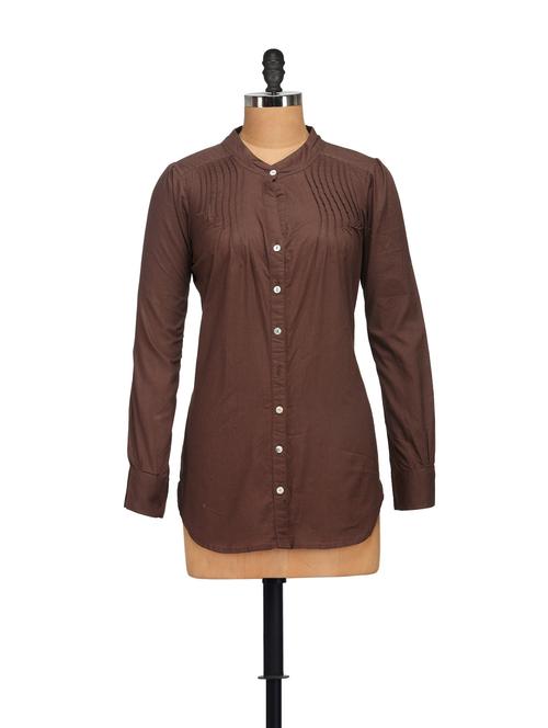 chocolate brown pintucked shirt - 46065 - Very Small Image - 1