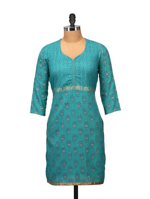 ethnic teal blue printed kurta - 48931 - Very Small Image - 1
