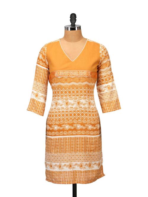 orange & white printed kurta - 48966 - Very Small Image - 1