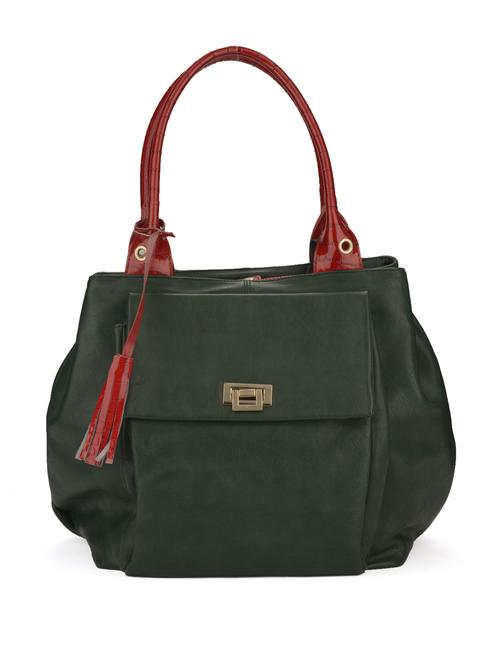 bottle green handbag with textured red handles - 49874 - Very Small Image - 1