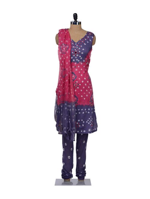 blue &red bandhej suit piece - 56489 - Very Small Image - 1