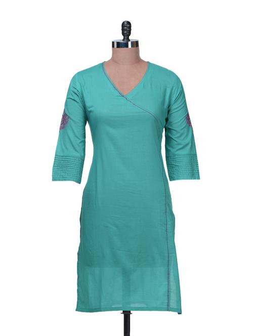 turquoise kurta with embroidered sleeves - 58215 - Very Small Image - 1