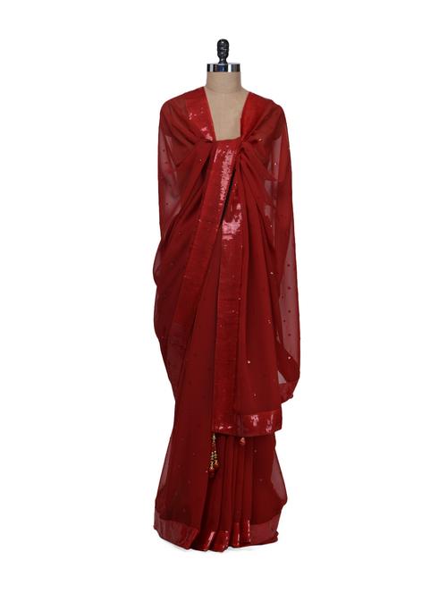 sparkling red bollywood saree - 58569 - Very Small Image - 1
