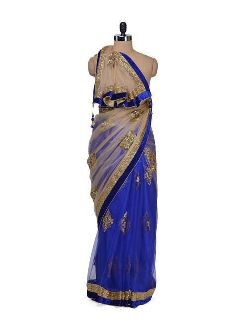 blue & golden net bollywood saree - 58581 - Very Small Image - 1