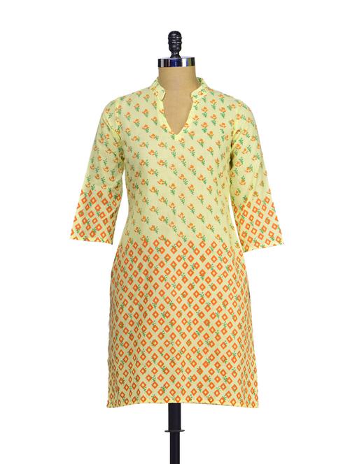 elegant beige & orange printed kurta - 60924 - Very Small Image - 1