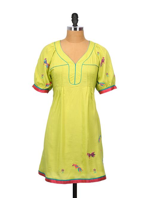 lime parrot embroidered kurti - 63623 - Very Small Image - 1