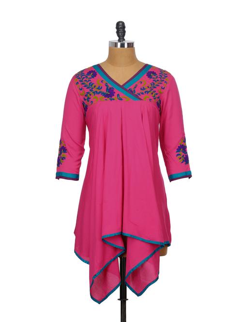 floral fuchsia asymmetrical kurta - 63635 - Very Small Image - 1