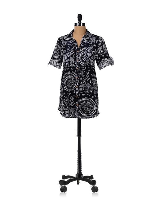 flared shirt dress with warli print - 6843 - Very Small Image - 1