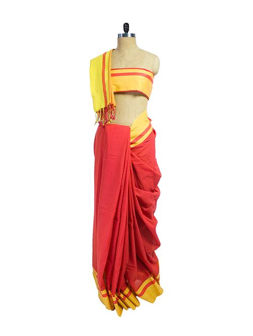elegant red & yellow cotton saree - 68978 - Very Small Image - 1
