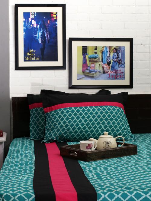 teal-black cotton double bedsheet with 2 pillow covers - 69530 - Very Small Image - 1