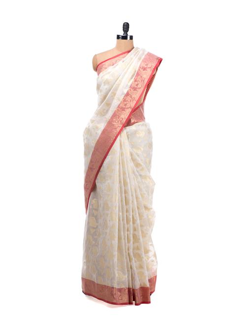 white and red saree with zari work - 7081 - Very Small Image - 1
