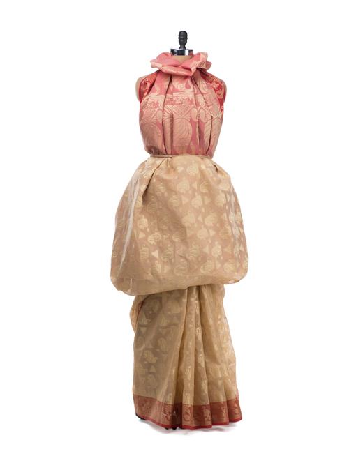 beige and pink saree with zari work - 7082 - Very Small Image - 1