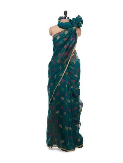 rama green saree with resham woven leaves - 7116 - Very Small Image - 1