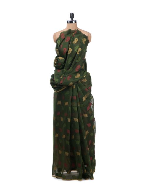mehndi green saree with resham woven leaves - 7120 - Very Small Image - 1