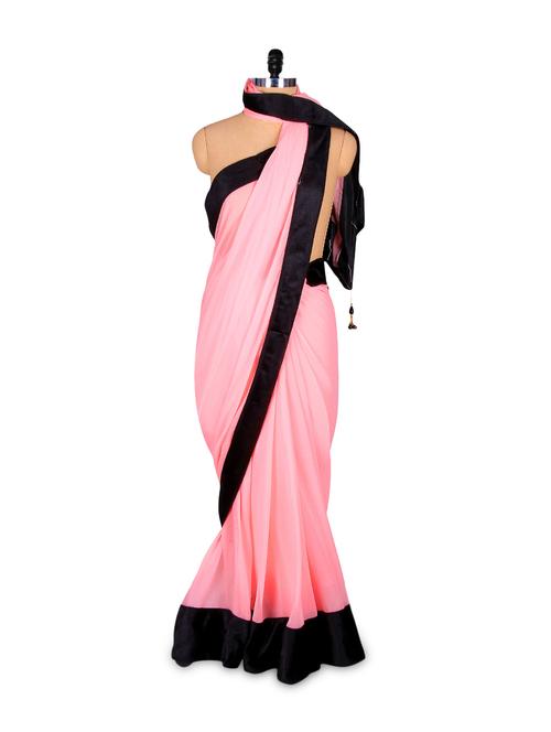 Pastel Pink Saree With Contrasting Black Border - 74384 - Very Small Image - 1