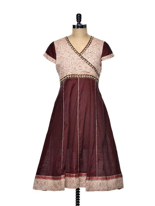 maroon color, cotton angrakha kurta with printed yoke - 74564 - Very Small Image - 1