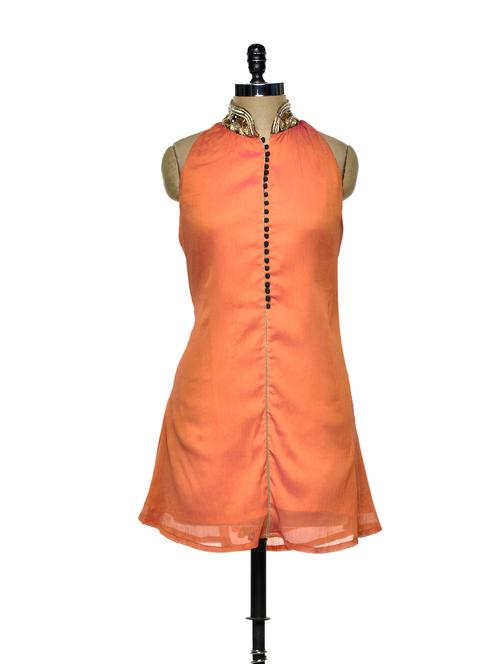 chiffon crepe kurti with embellished mandarin collar - 74568 - Very Small Image - 1