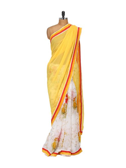 yellow and white floral chiffon saree - 79434 - Very Small Image - 1